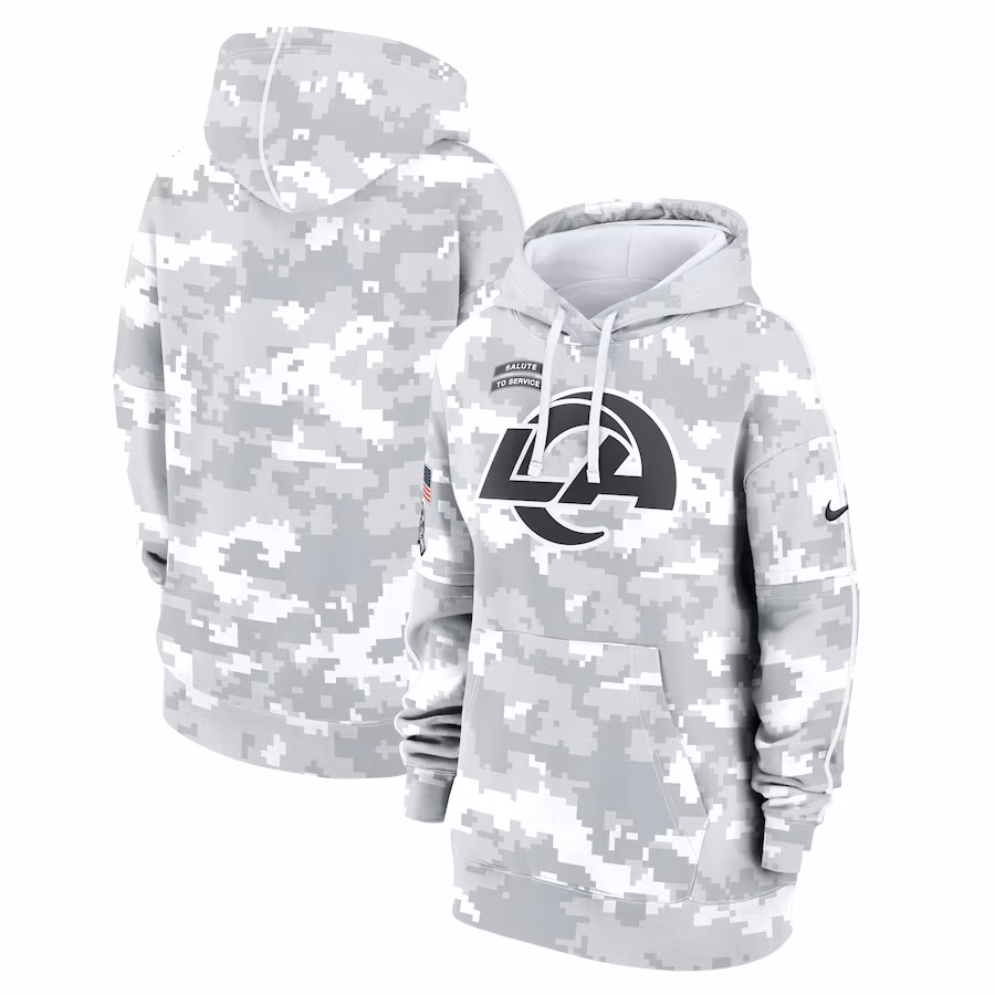 Women's Los Angeles Rams Nike Arctic Camo 2024 Salute To Service Club Fleece Pullover Hoodie - Jersey