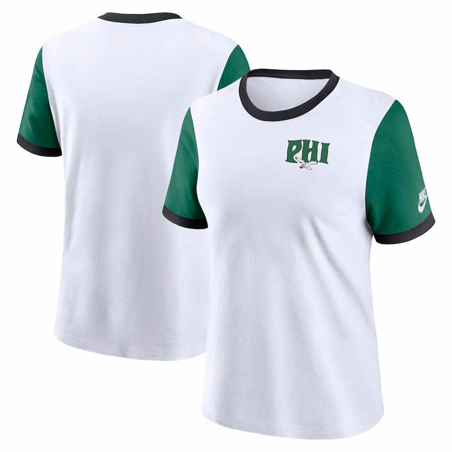 Women's Philadelphia Eagles Nike White/Kelly Green Rewind Ringer T-Shirt - Jersey
