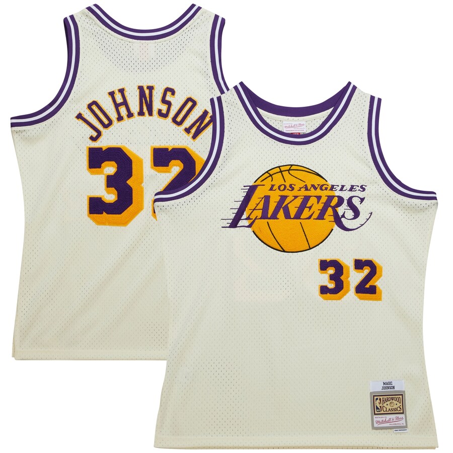 Men's Los Angeles Lakers Magic Johnson Mitchell & Ness Cream Chainstitch Swingman Jersey - Jersey