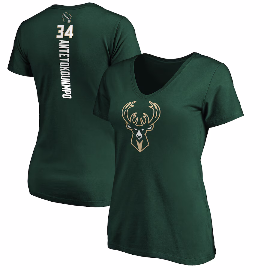Women's Milwaukee Bucks Giannis Antetokounmpo Green Playmaker Name & Number V-Neck T-Shirt - Jersey