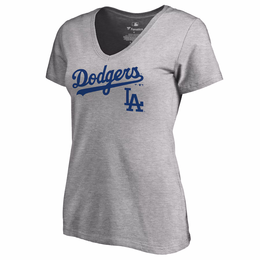 Women's Los Angeles Dodgers Ash Team Lockup T-Shirt - Jersey