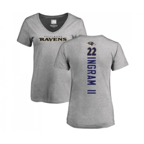 Football Women's Baltimore Ravens #22 Mark Ingram II Ash Backer V-Neck T-Shirt - Jersey