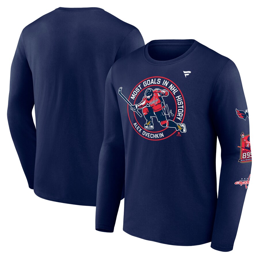 Men's Washington Capitals Alexander Ovechkin Fanatics Athletic Navy NHL All-Time Leading Goal Scorer Badges Long Sleeve T-Shirt - Jersey