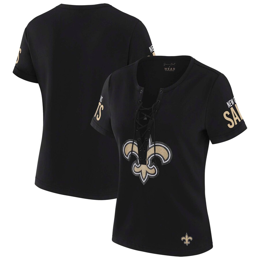 Women's New Orleans Saints WEAR by Erin Andrews x Gracie Hunt Black Draft Me Lace-Up T-Shirt - Jersey