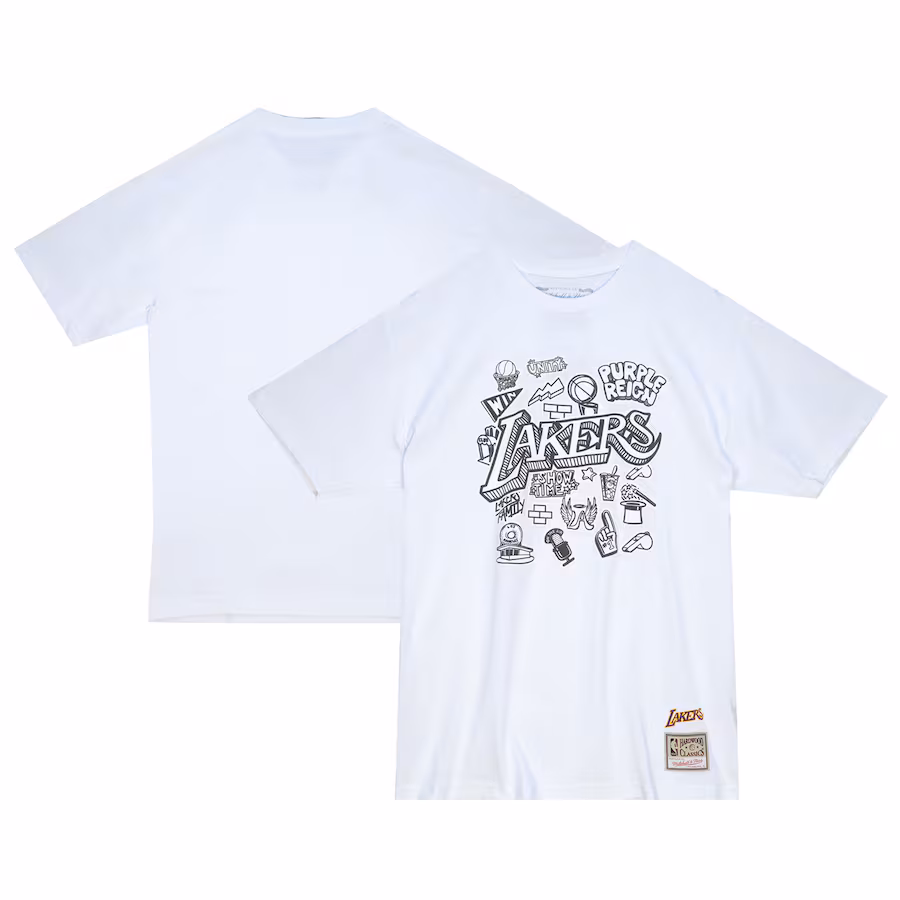 Men's Los Angeles Lakers  Mitchell & Ness White Hardwood Classics Doodle T-Shirt - Jersey