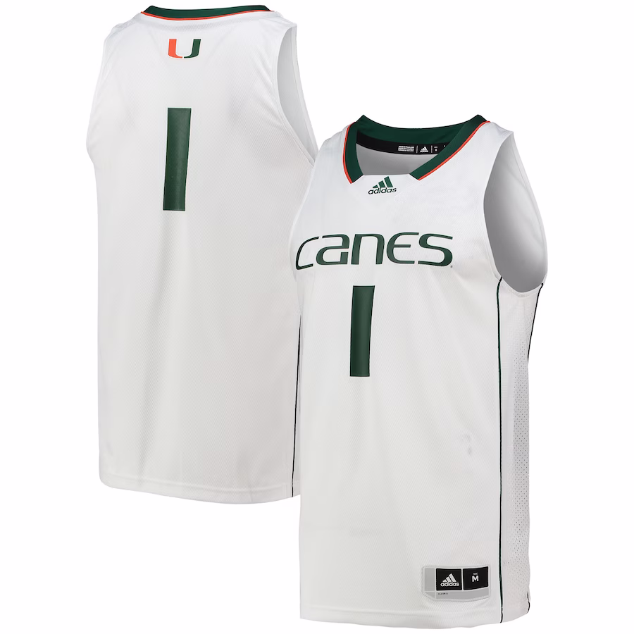 #1 Miami Hurricanes adidas Team Swingman Basketball Jersey - White - Jersey