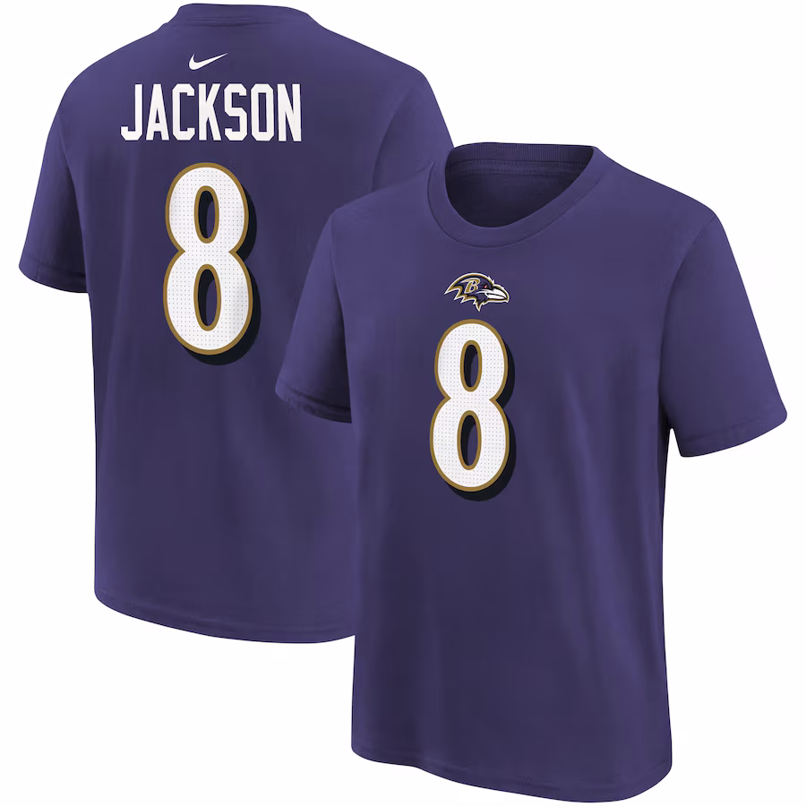 Youth Baltimore Ravens Lamar Jackson Purple Nike Player Name & Number T-Shirt - Jersey