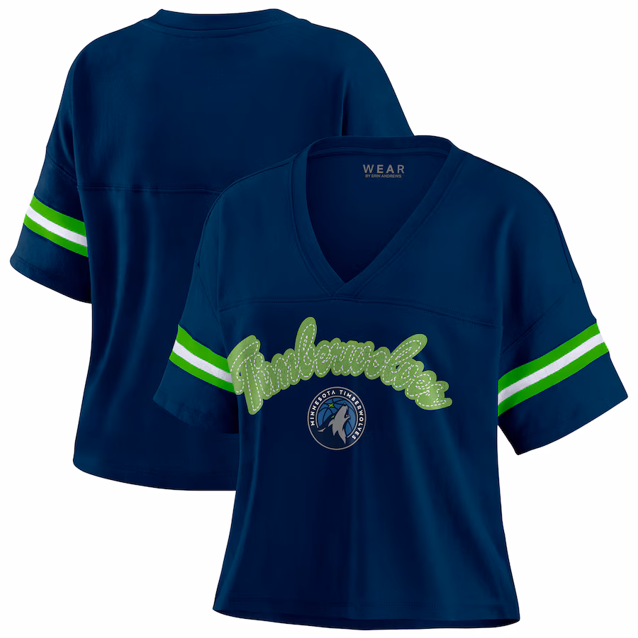 Women's Minnesota Timberwolves WEAR by Erin Andrews Navy Color Block Boxy V-Neck T-Shirt - Jersey
