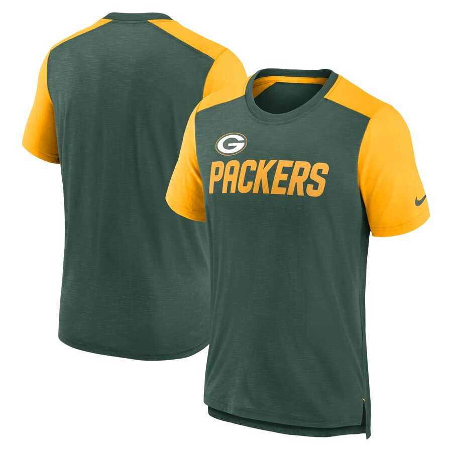 Men's Green Bay Packers Nike Heathered Green/Heathered Gold Color Block Team Name T-Shirt - Jersey