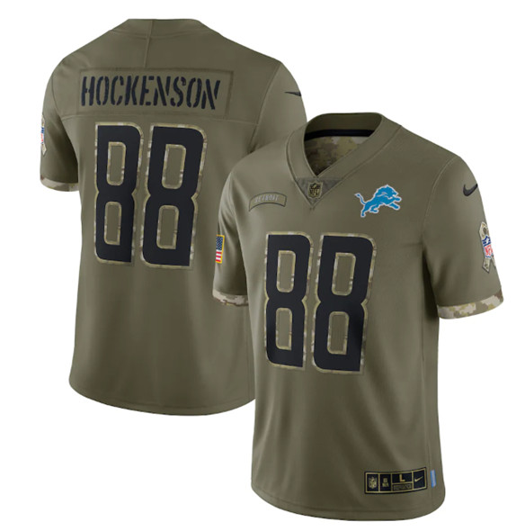 Men's Detroit Lions #88 T. J. Hockenson 2022 Olive Salute To Service Limited Stitched Jersey - Jersey