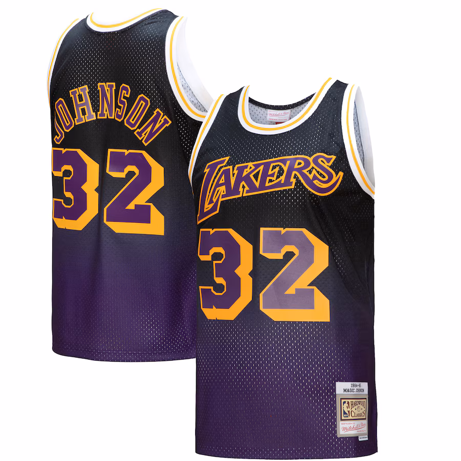 Men's Los Angeles Lakers Magic Johnson Mitchell & Ness Purple/Black 1984/85 Hardwood Classics Fadeaway Swingman Player Jersey - Jersey