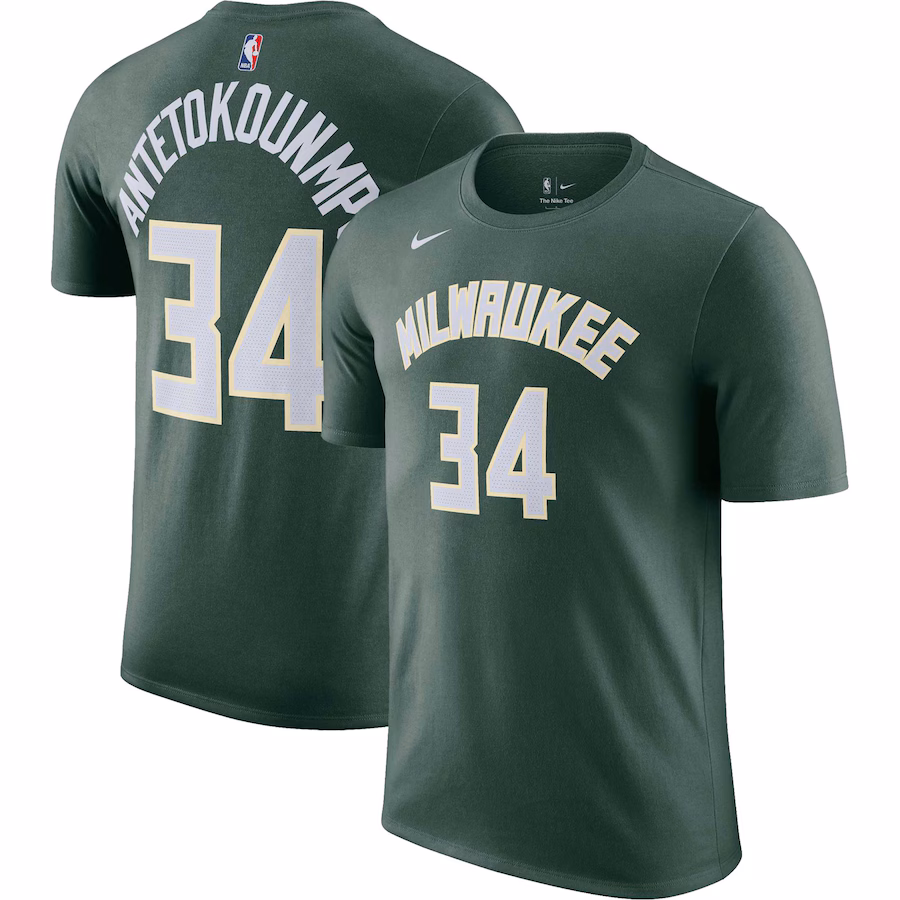 Men's Milwaukee Bucks Giannis Antetokounmpo Nike Hunter Green Icon 2022/23 Name & Number T-Shirt - Jersey