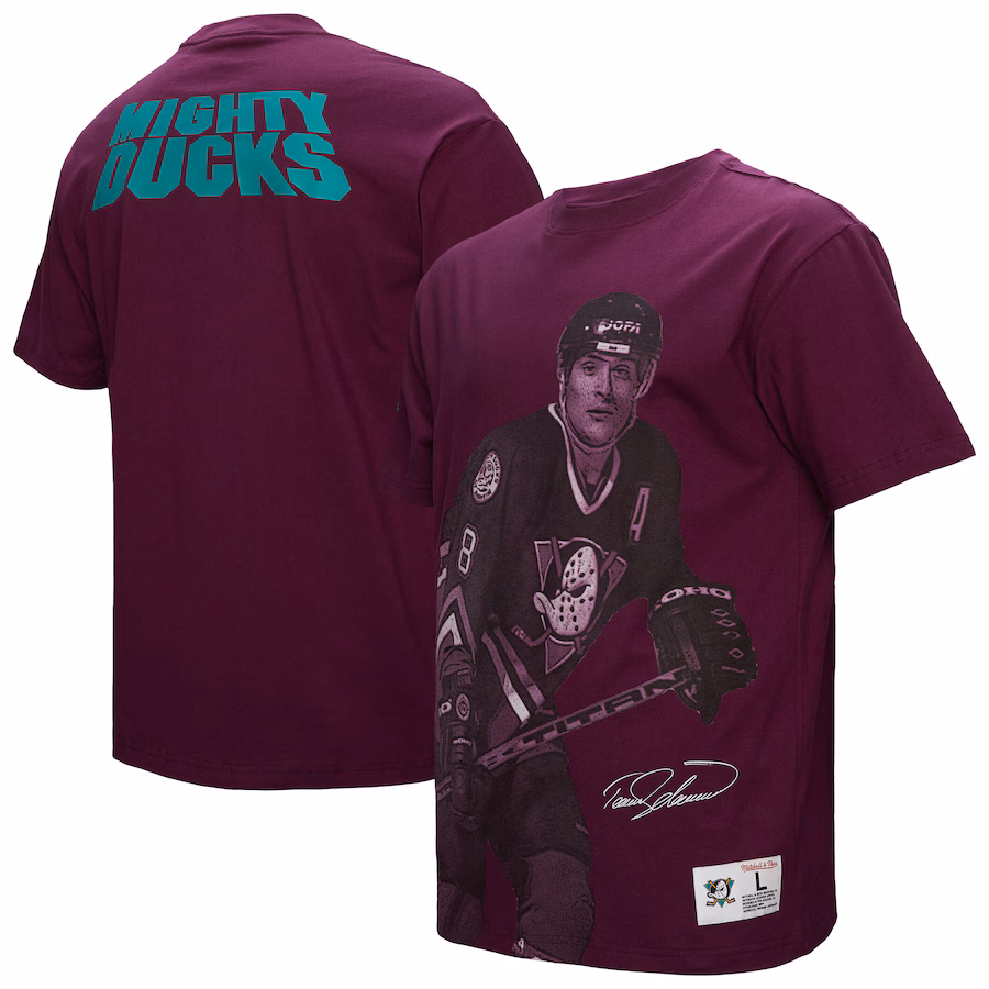 Men's Anaheim Ducks Teemu Selanne Mitchell & Ness Purple Ultimate Player Vintage Logo T-Shirt - Jersey