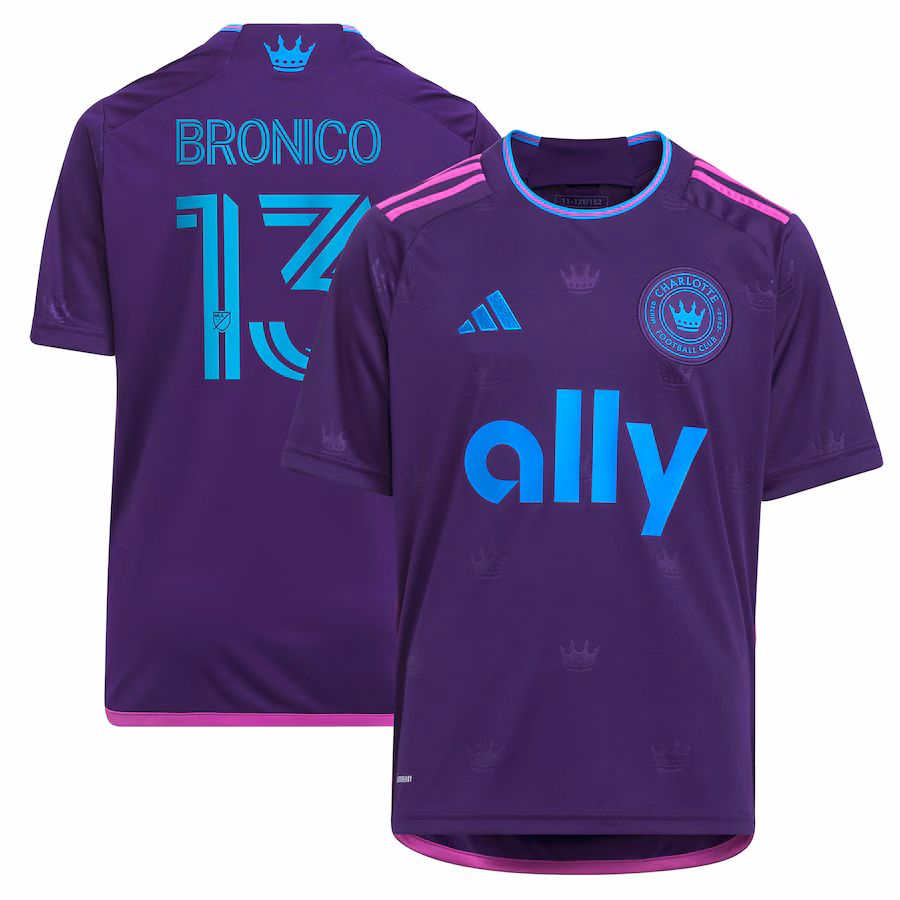 Youth Charlotte FC Brandt Bronico adidas Purple 2023 Crown Jewel Kit Replica Jersey - Jersey