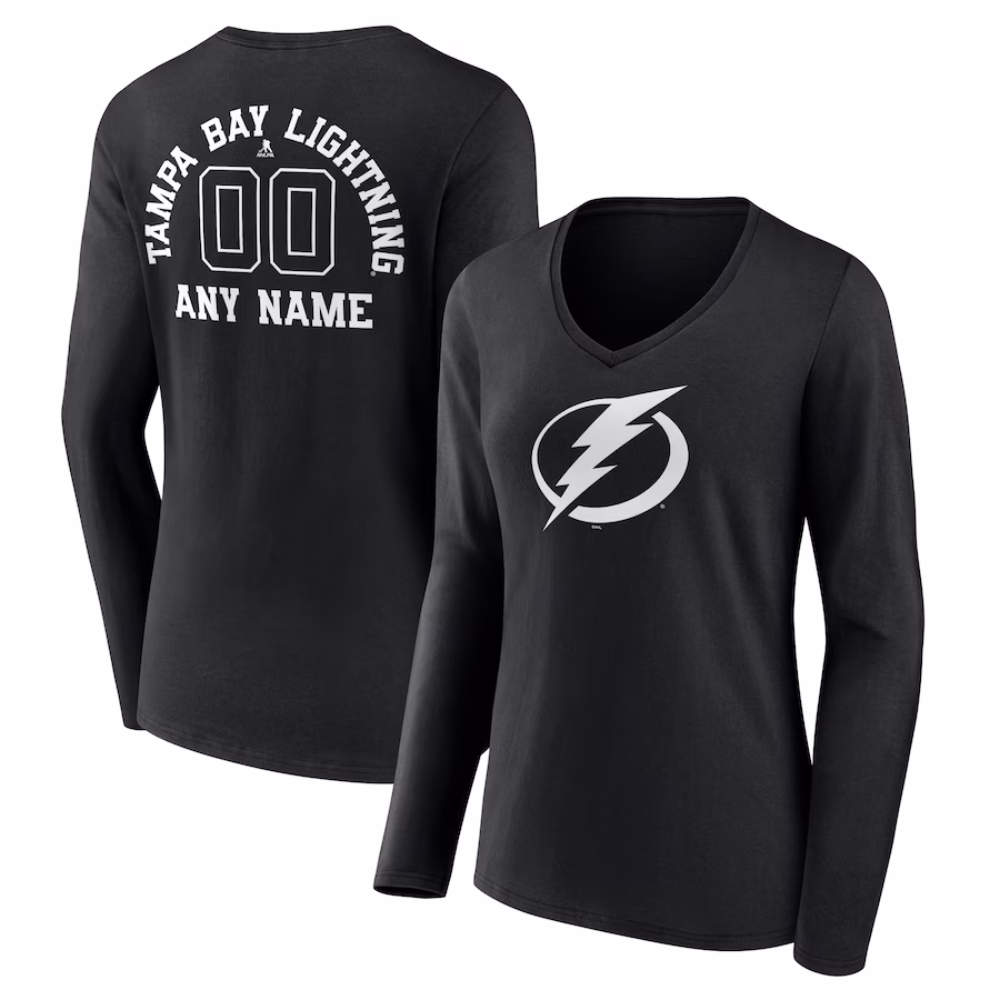 Women's Tampa Bay Lightning Black Personalized Name & Number Monochrome Long Sleeve V-Neck T-Shirt - Jersey