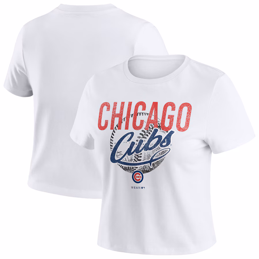 Women's Chicago Cubs WEAR by Erin Andrews White Distressed Cropped Baby T-Shirt - Jersey
