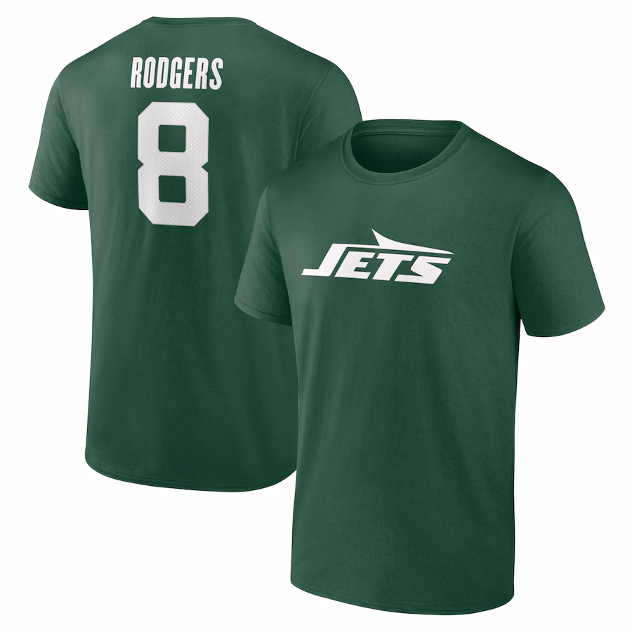 Men's New York Jets Aaron Rodgers Fanatics Green Player Icon Name & Number T-Shirt - Jersey