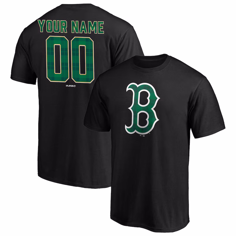 Men's Boston Red Sox Black Emerald Plaid Personalized Name & Number T-Shirt - Jersey