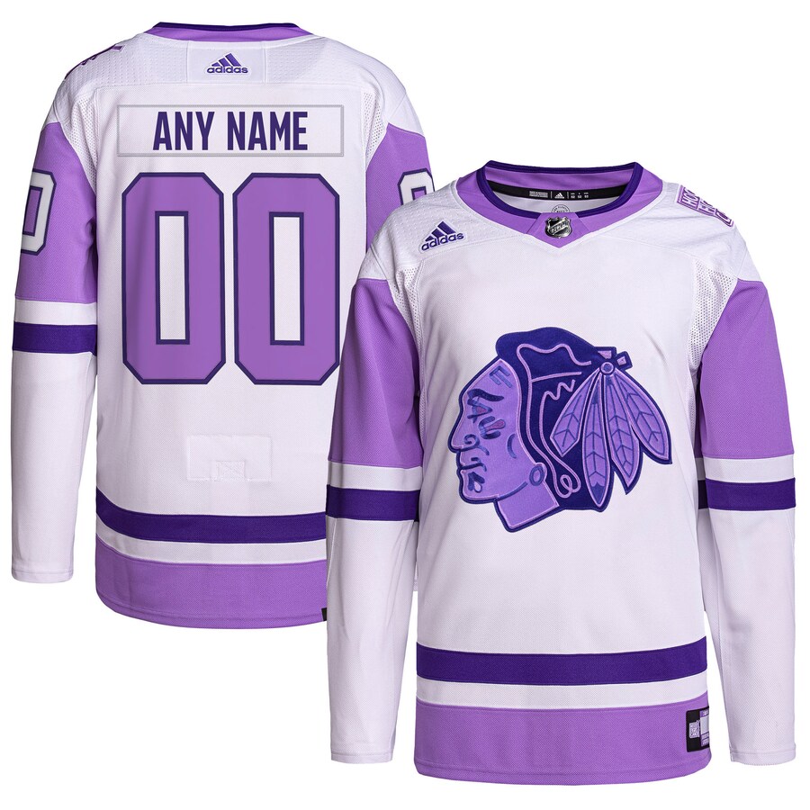 Men's Chicago Blackhawks adidas White/Purple Hockey Fights Cancer Primegreen Authentic Custom Jersey - Jersey