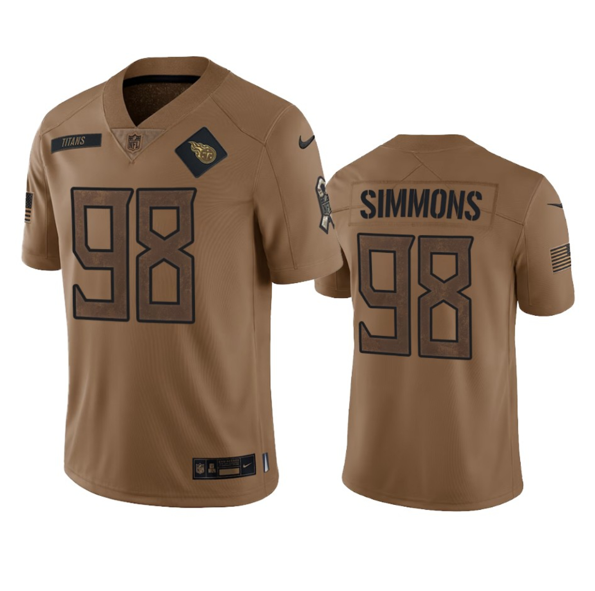 Men's Tennessee Titans #98 Jeffery Simmons 2023 Brown Salute To Service Football Stitched Jersey - Jersey