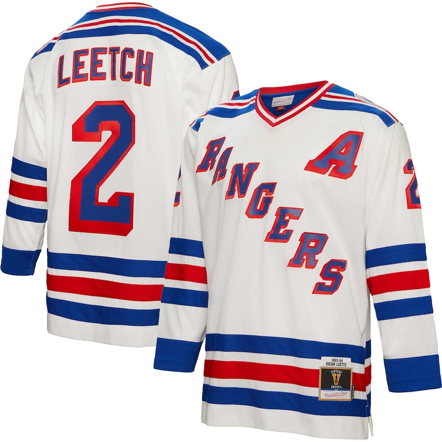 Men's New York Rangers Brian Leetch Mitchell & Ness White Alternate Captain Patch 1993/94 Blue Line Player Jersey - Jersey