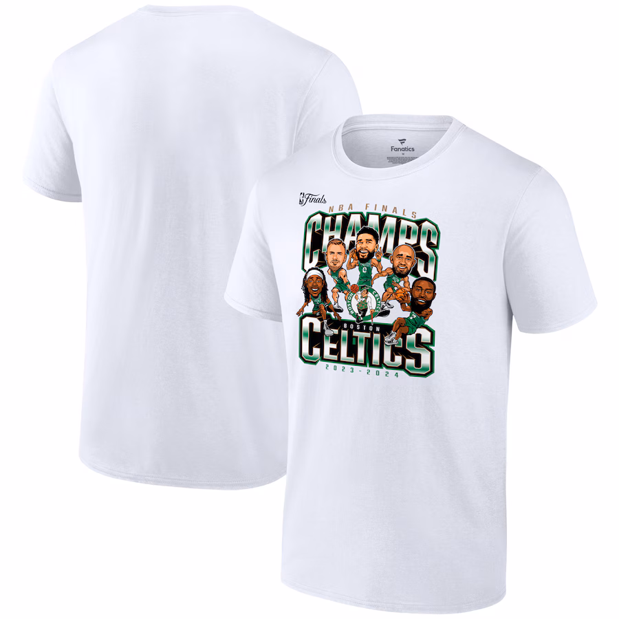 Men's Boston Celtics Fanatics White 2024 NBA Finals Champions Pull Up Jumper Caricature T-Shirt - Jersey