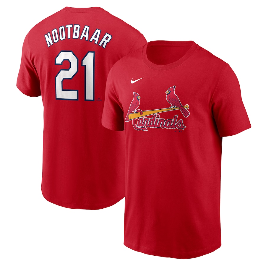 Men's St. Louis Cardinals Lars Nootbaar Nike Red Home Fuse Name & Number T-Shirt - Jersey