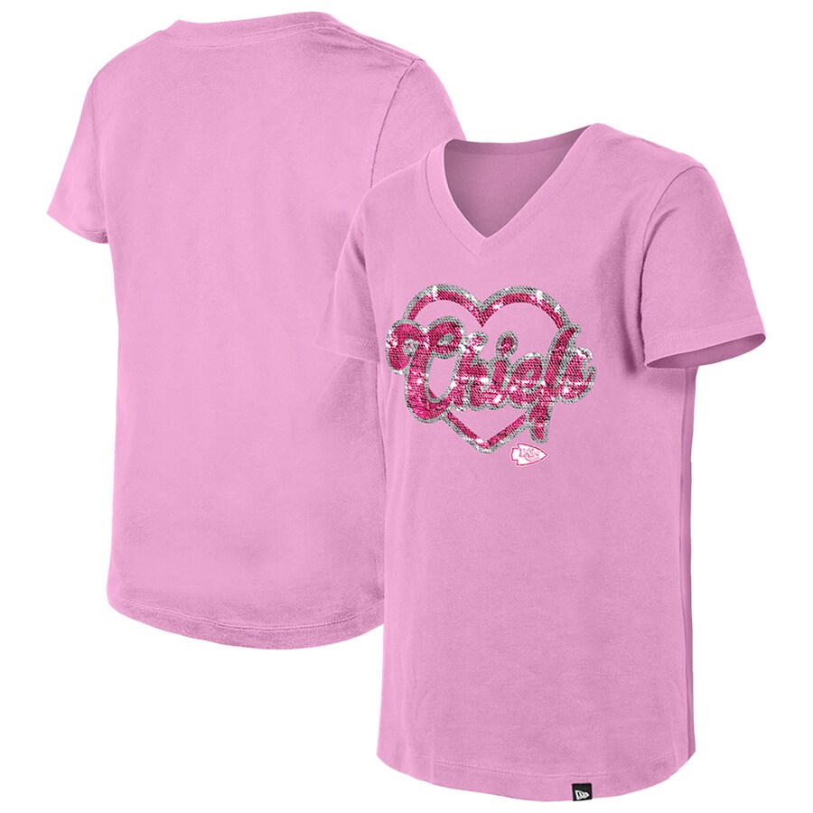 Girls Youth Kansas City Chiefs New Era Pink Flip Sequins V-Neck T-Shirt - Jersey