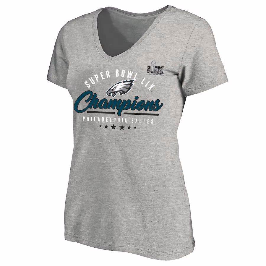 Women's Philadelphia Eagles  Fanatics Heather Gray Super Bowl LIX Champions Plus Size Prestigious Run Tri-Blend V-Neck T-Shirt - Jersey