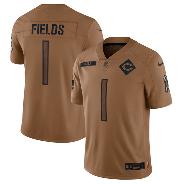 Men's Chicago Bears #1 Justin Fields 2023 Brown Salute To Service Limited Football Stitched Jersey - Jersey