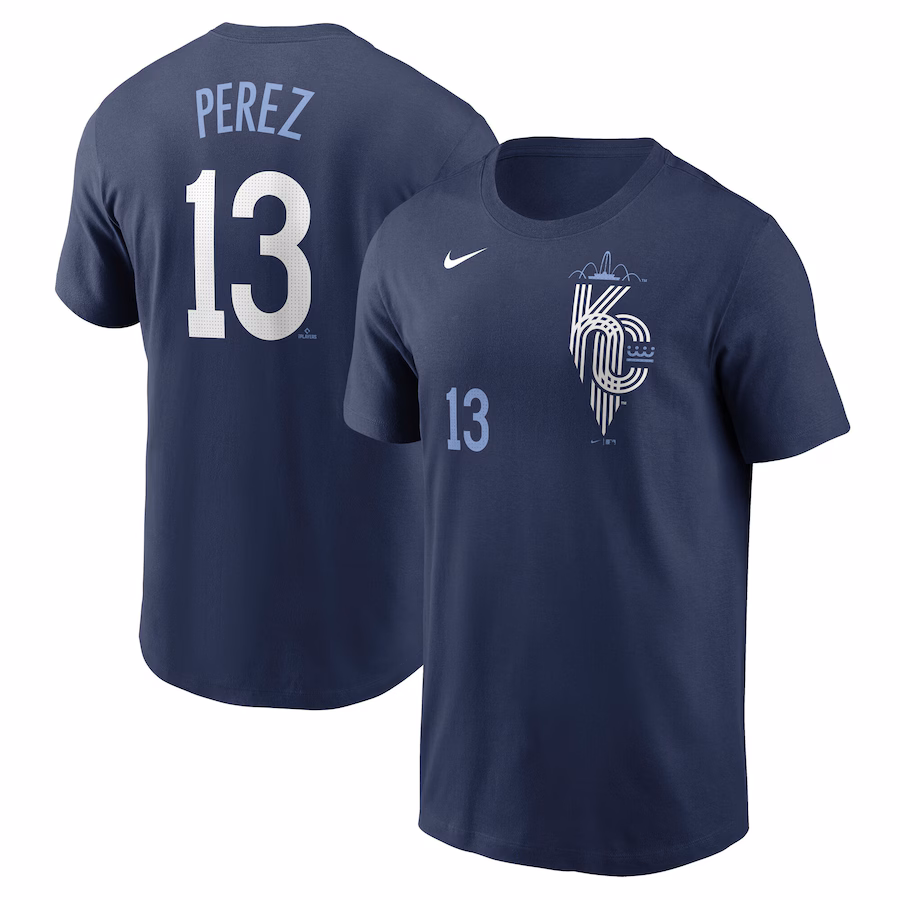Men's Kansas City Royals Salvador Perez Nike Navy 2024 City Connect Fuse Name & Number T-Shirt - Jersey