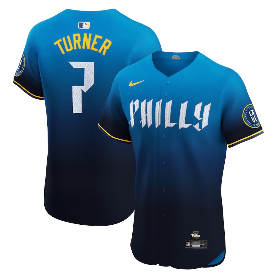 Men's Philadelphia Phillies Trea Turner Nike Blue 2024 City Connect Elite Player Jersey - Jersey