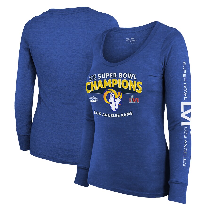 Women's Los Angeles Rams Majestic Threads Heathered Royal 2-Time Super Bowl Champions Sky High Tri-Blend Long Sleeve Scoop Neck T-Shirt - Jersey