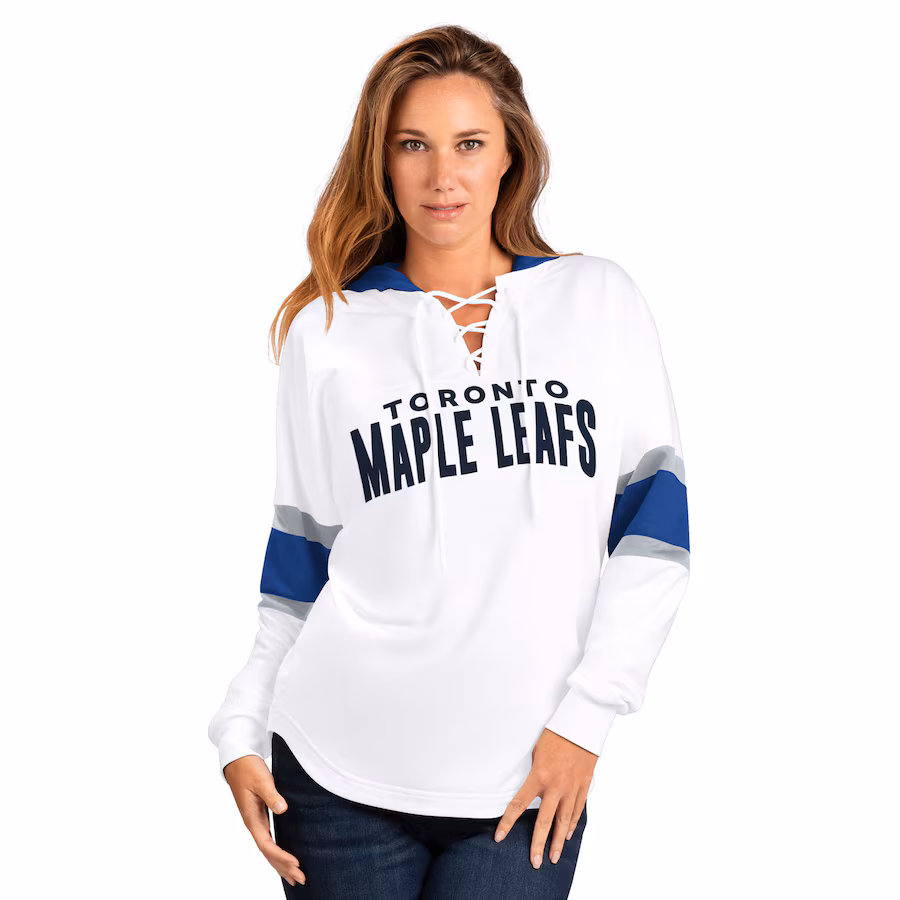 Women's Toronto Maple Leafs G-III 4Her by Carl Banks White Goal Zone Long Sleeve Lace-Up Hoodie T-Shirt - Jersey