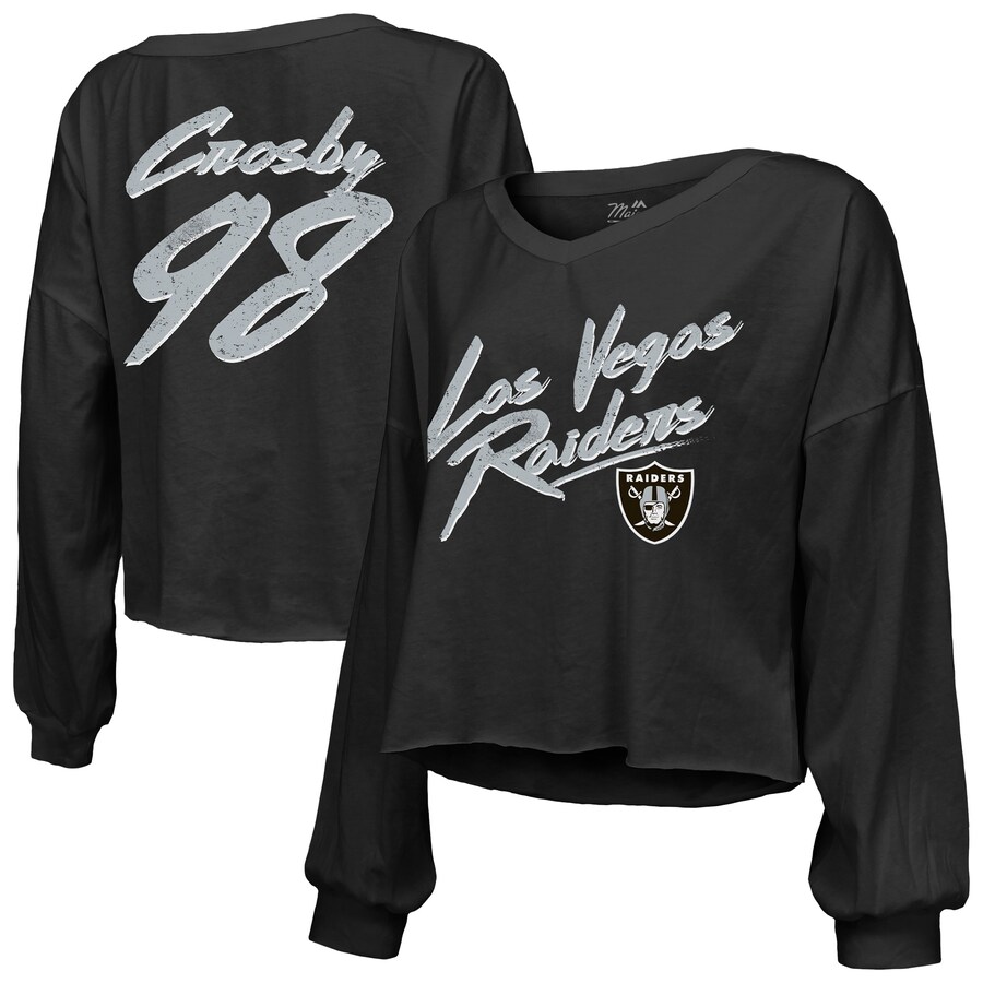Women's Las Vegas Raiders Maxx Crosby Majestic Threads Black Off-Shoulder Script Player Name & Number Cropped Long Sleeve V-Neck T-Shirt - Jersey