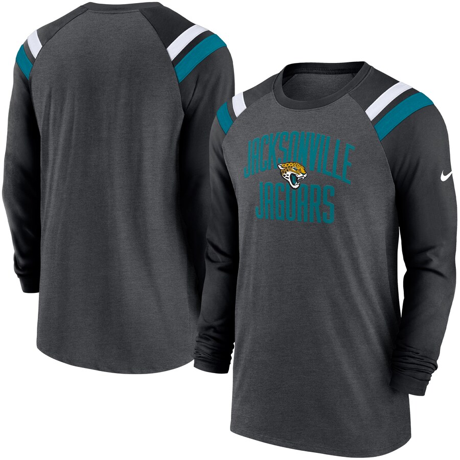 Men's Jacksonville Jaguars Nike Heathered Charcoal/Black Tri-Blend Raglan Athletic Long Sleeve Fashion T-Shirt - Jersey