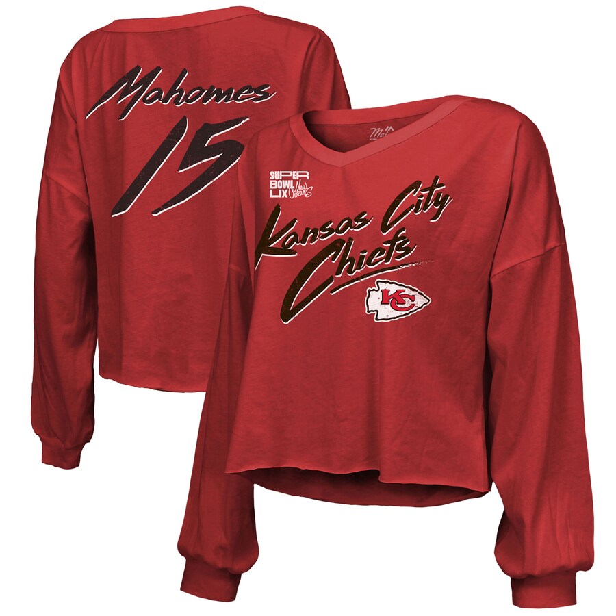 Women's Kansas City Chiefs Patrick Mahomes Majestic Threads Red Super Bowl LIX Name & Number Off-Shoulder Script Long Sleeve V-Neck T-Shirt - Jersey