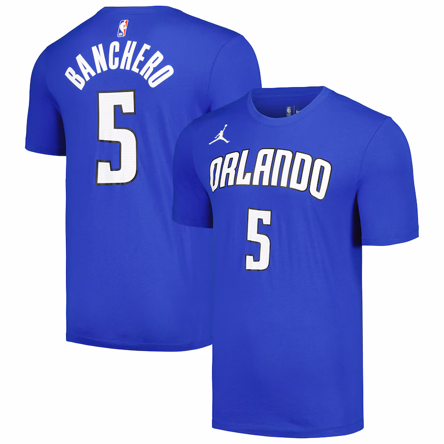 Men's Orlando Magic Paolo Banchero Jordan Brand Blue 2022/23 Statement Edition Name & Number T-Shirt - Jersey