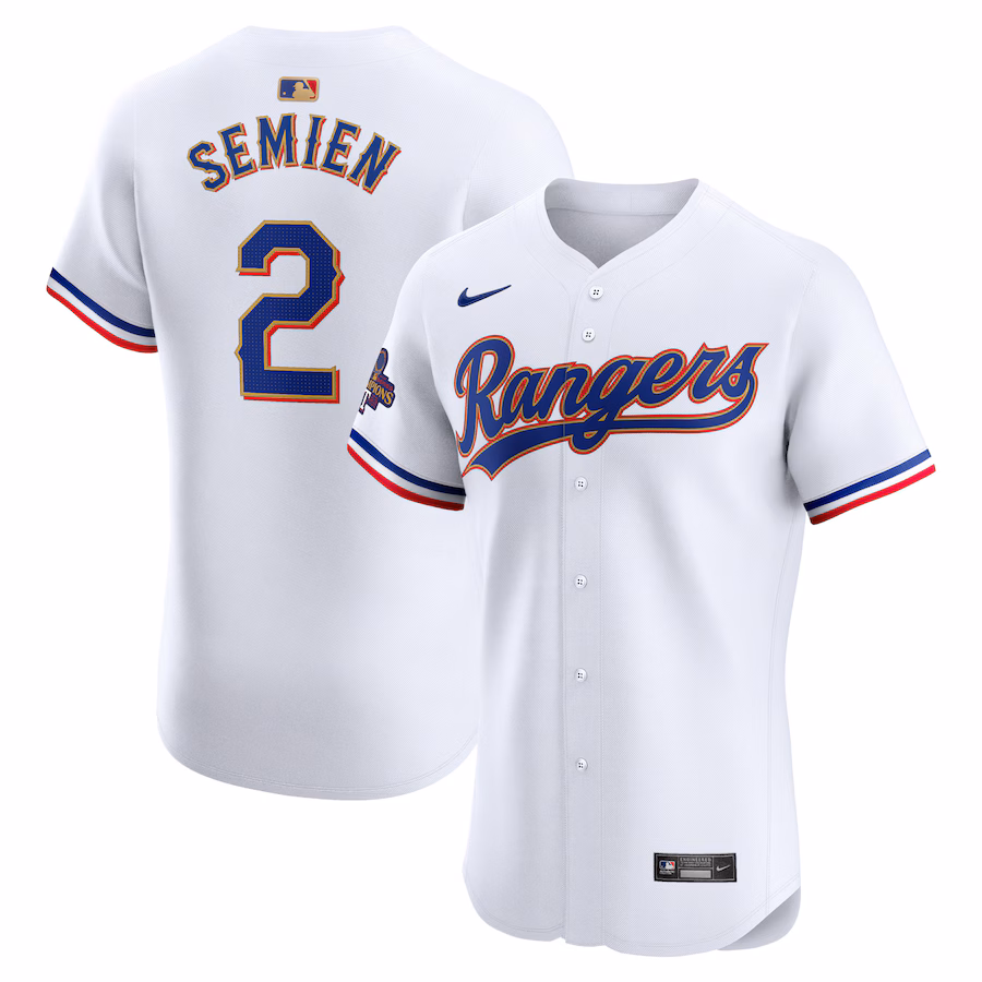 Men's Texas Rangers Marcus Semien Nike White 2024 Gold Collection Elite Player Jersey - Jersey
