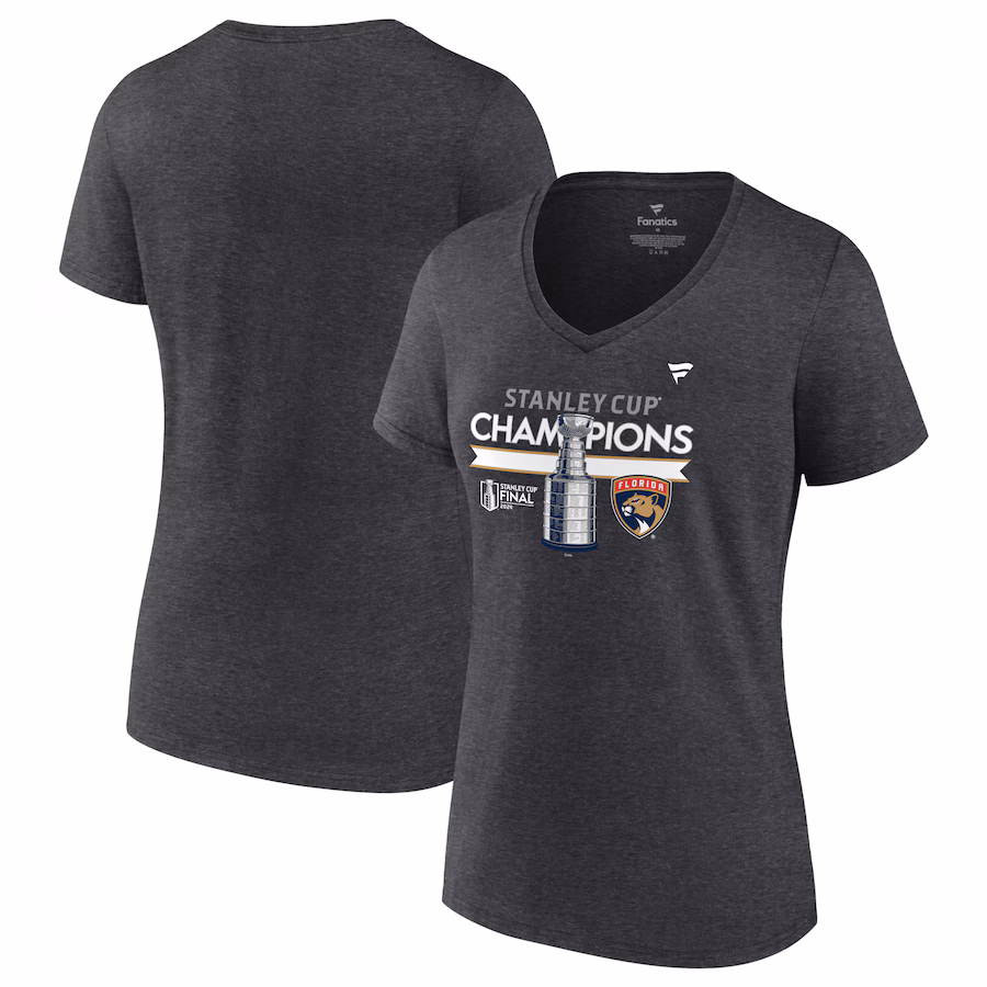 Women's Florida Panthers Fanatics Heather Charcoal 2024 Stanley Cup Champions Locker Room V-Neck T-Shirt - Jersey