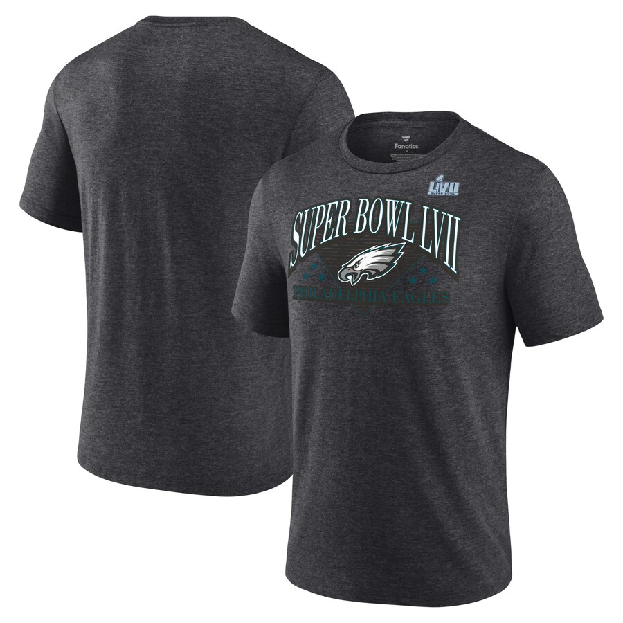 Men's Philadelphia Eagles Fanatics Heather Charcoal Super Bowl LVII Tri-Blend Triangle Strategy T-Shirt - Jersey