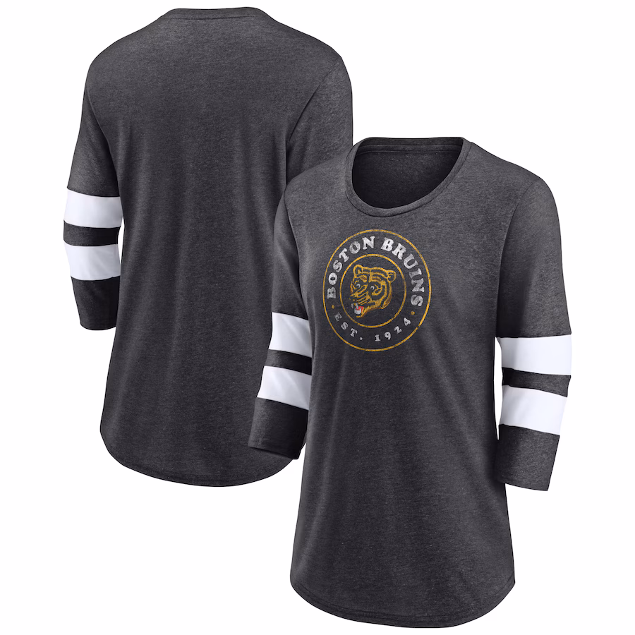 Women's Boston Bruins Fanatics Heather Charcoal One Timer Tri-Blend Scoop Neck 3/4-Sleeve T-Shirt - Jersey