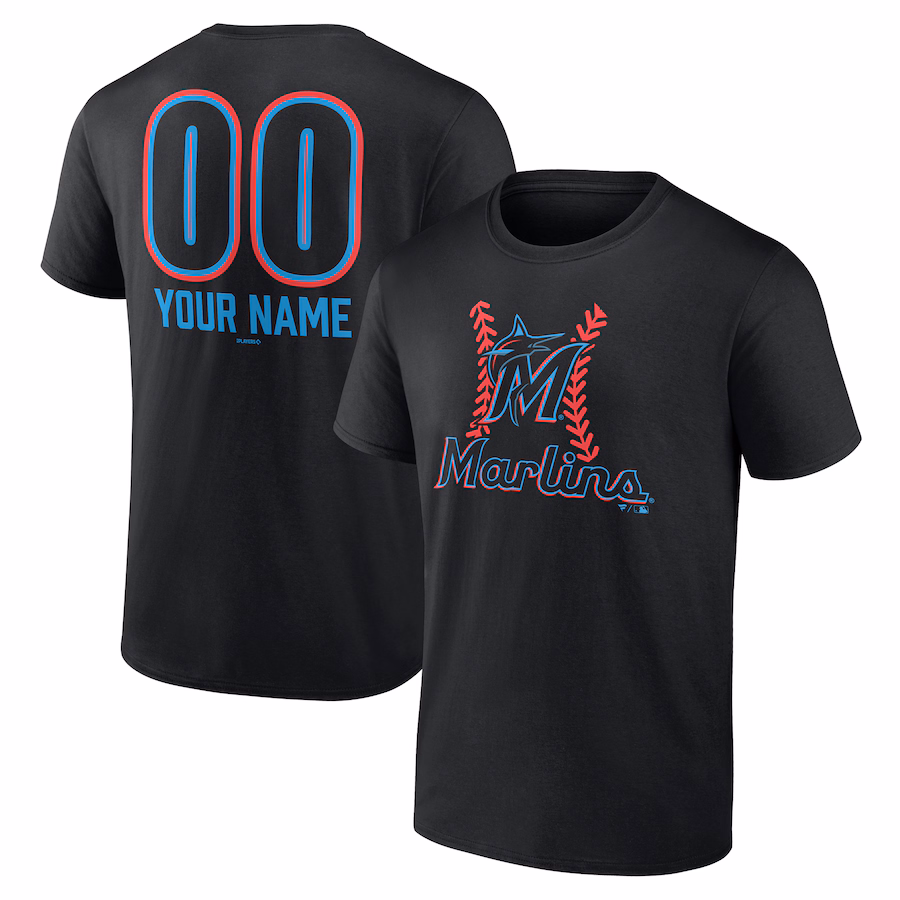 Men's Miami Marlins Black Personalized Name & Number Fastball T-Shirt - Jersey
