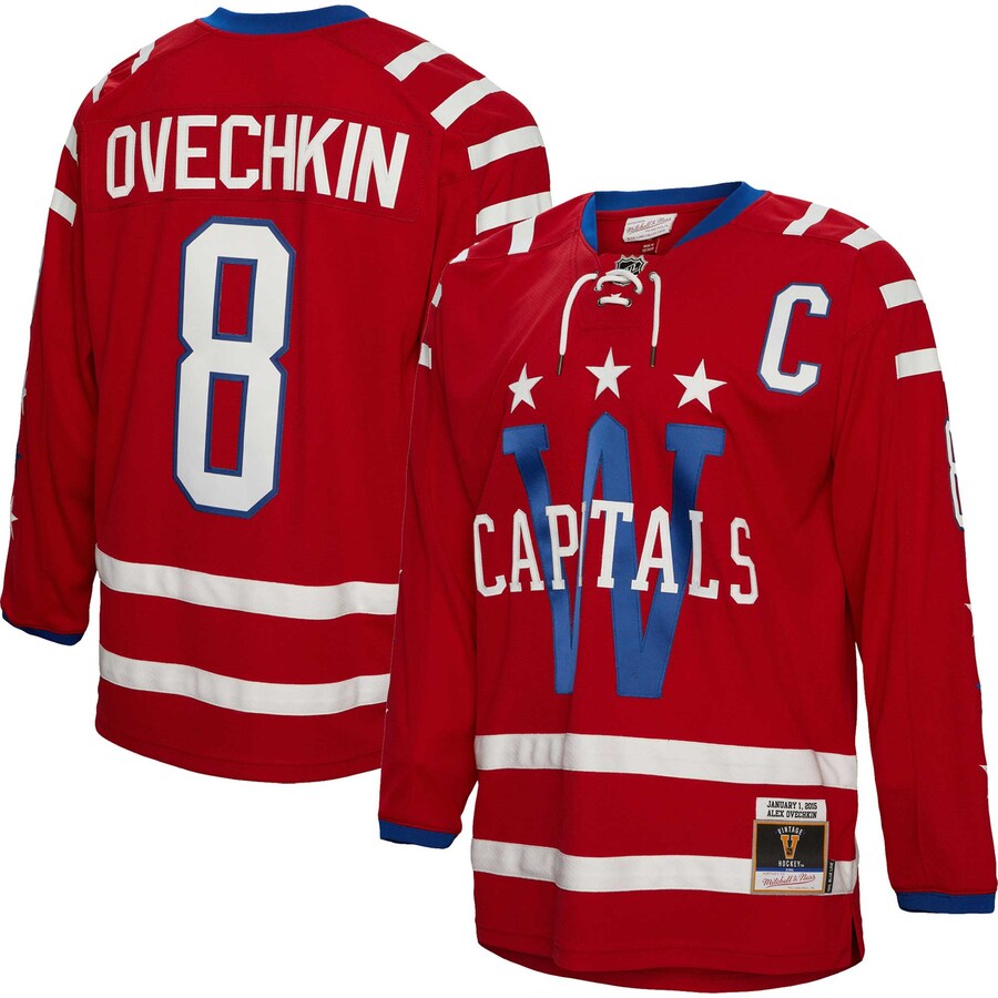 Men's Washington Capitals Alexander Ovechkin Mitchell & Ness Red 2015 Captain Patch Blue Line Player Jersey - Jersey