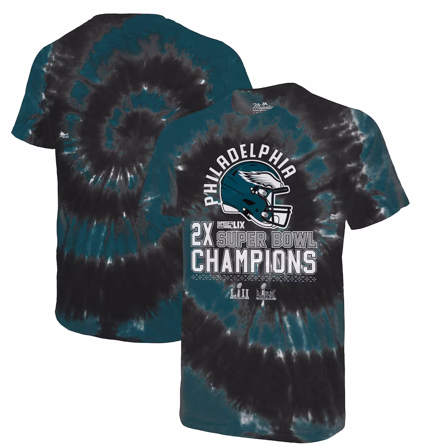 Men's Philadelphia Eagles Majestic Threads Midnight Green/Black Two-Time Super Bowl Champions Hard Count Spiral Tie-Dye T-Shirt - Jersey