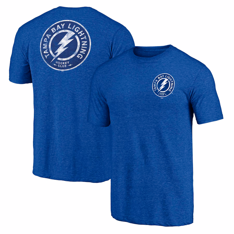 Men's Tampa Bay Lightning Fanatics Heather Blue Distressed Shoulder Patch Logo Tri-Blend T-Shirt - Jersey