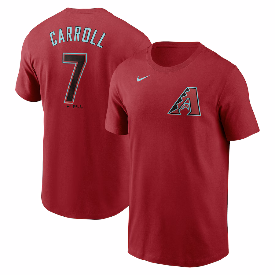 Men's Arizona Diamondbacks Corbin Carroll Nike Red Fuse Name & Number T-Shirt - Jersey