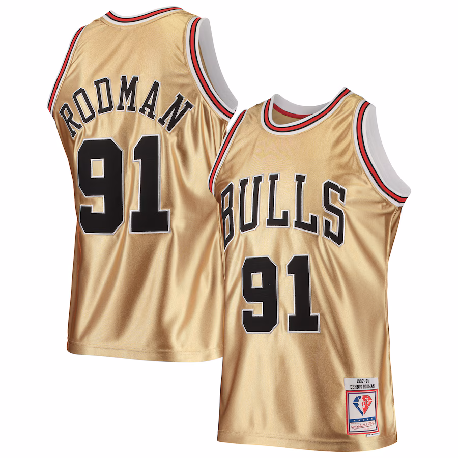 Men's Chicago Bulls Dennis Rodman Gold Mitchell & Ness 75th Anniversary 1997/98 Hardwood Classics Swingman Jersey - Jersey