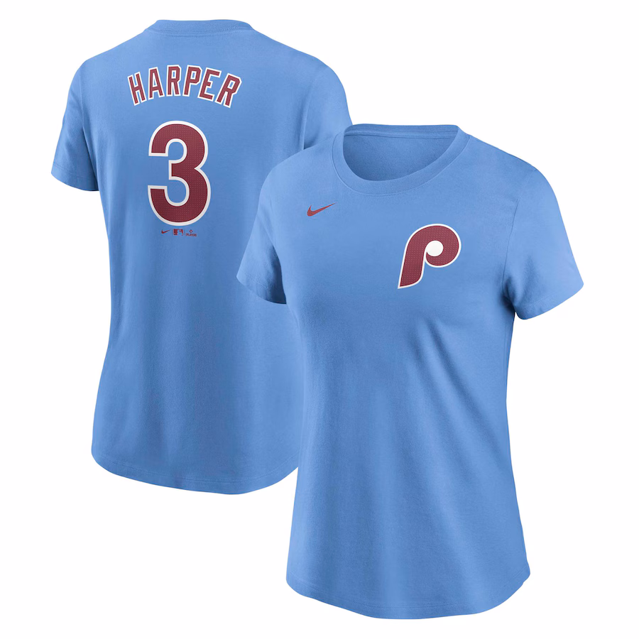 Women's Philadelphia Phillies Bryce Harper Nike Light Blue Fuse Name & Number T-Shirt - Jersey