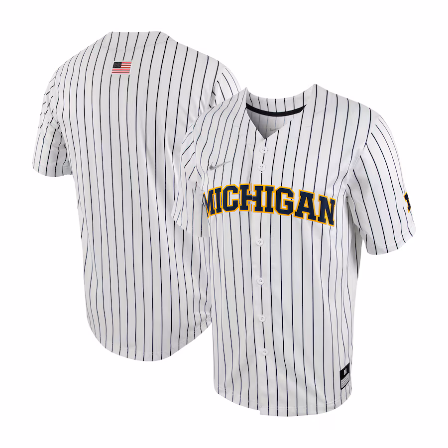 Men's Nike White/Navy Michigan Wolverines Pinstripe Replica Full-Button Baseball Jersey - Jersey